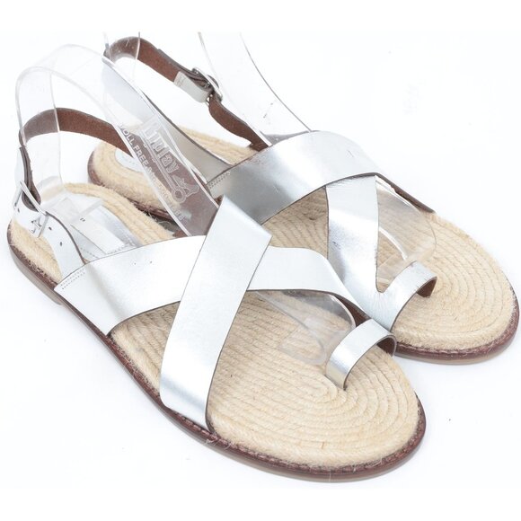 H&M Premium Silver Leather Women's 8 Toe Post Flat Jute Sole Sandals Boho Hippie - Picture 1 of 8